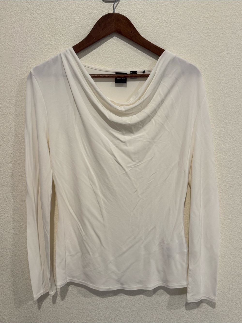 Boss Cream Long-Sleeve Draped Neck Top